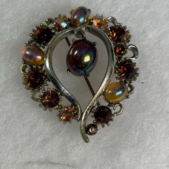 VTG Lisner faux Amber colored dangle cabochon brooch. - Picture 1 of 6